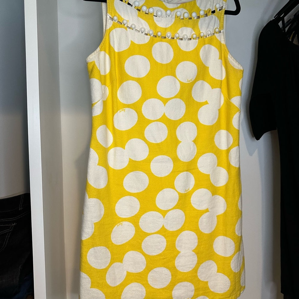 Lilly Pulitzer Linen Shift Dress Yellow Polka Dot Mod Buttons Sleeveless Sz 8