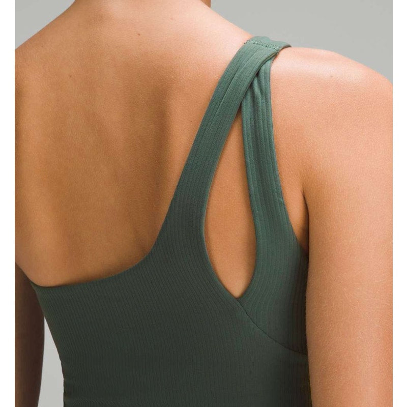 6563 NWT Ribbed Nulu Asymmetrical Yoga Tank Top in Dark Forest Sz 10