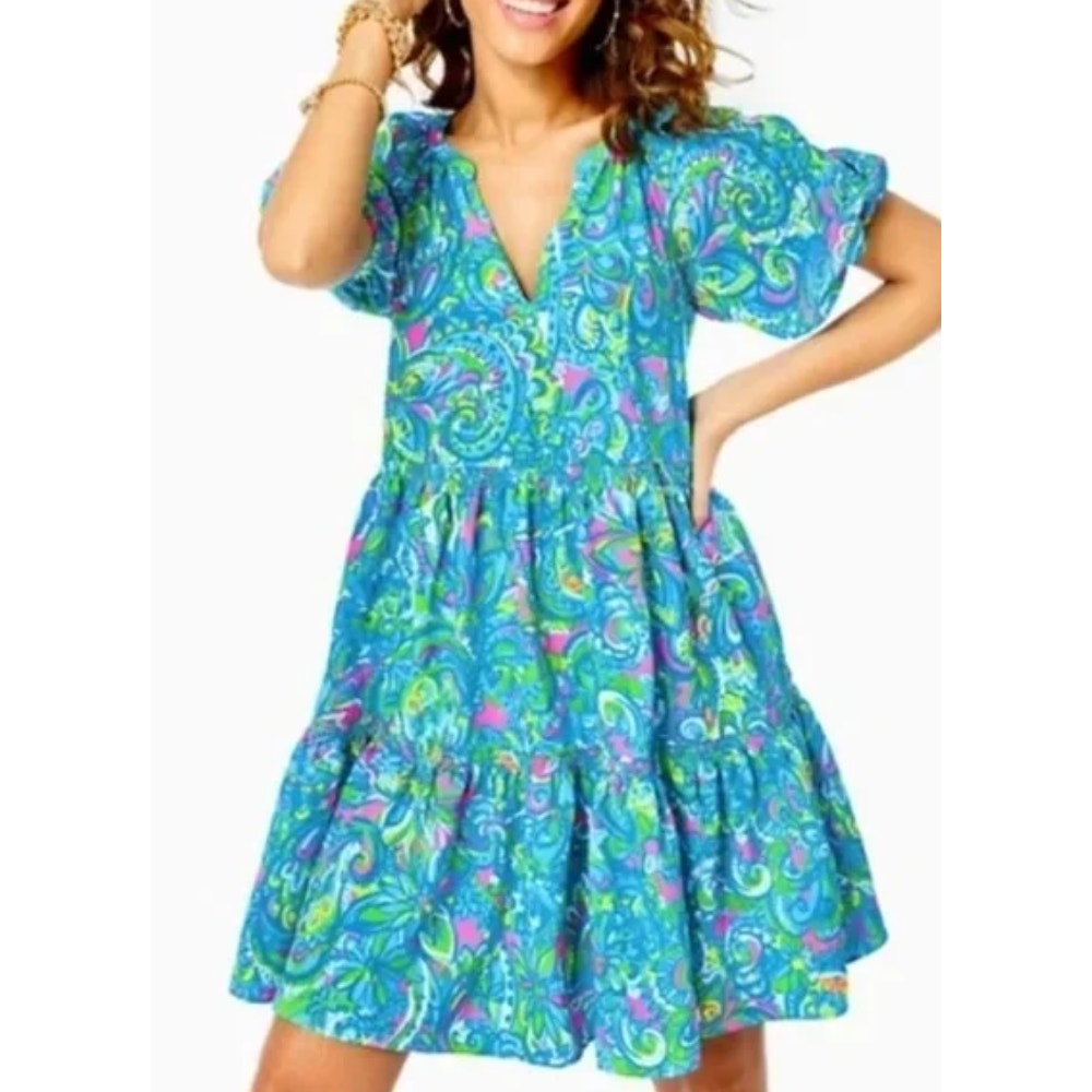 0105 NWT Lilly Pulitzer Shannon Short Sleeve Dress, Seabreeze Blue Hey Gullfriend sz S