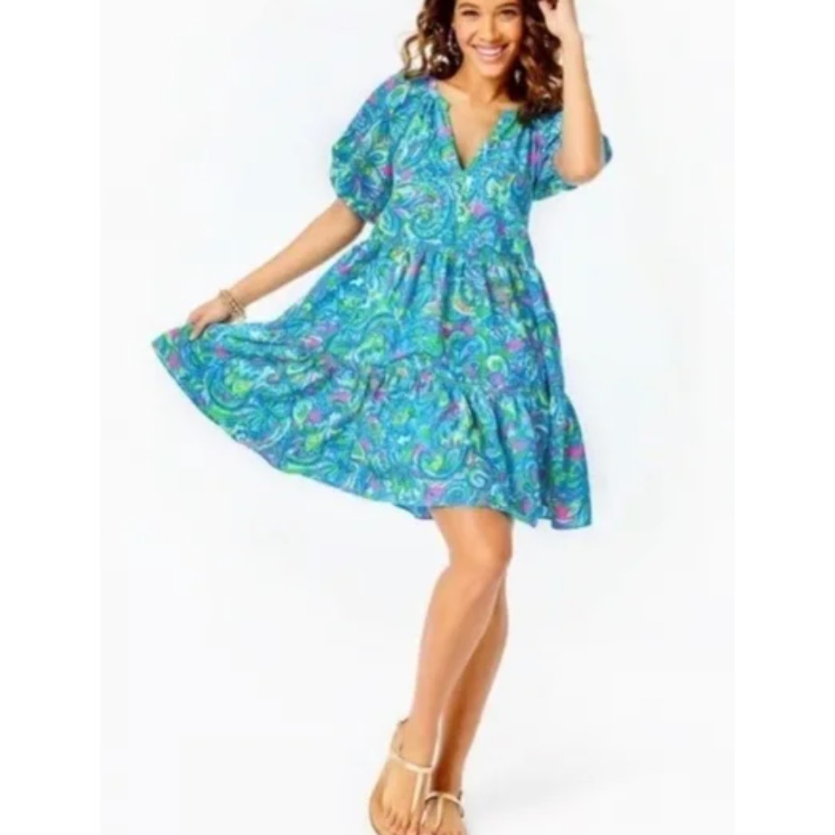 0105 NWT Lilly Pulitzer Shannon Short Sleeve Dress, Seabreeze Blue Hey Gullfriend sz S