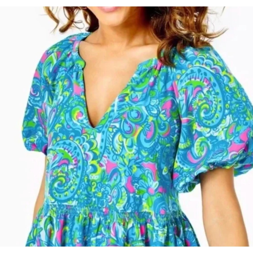 0105 NWT Lilly Pulitzer Shannon Short Sleeve Dress, Seabreeze Blue Hey Gullfriend sz S