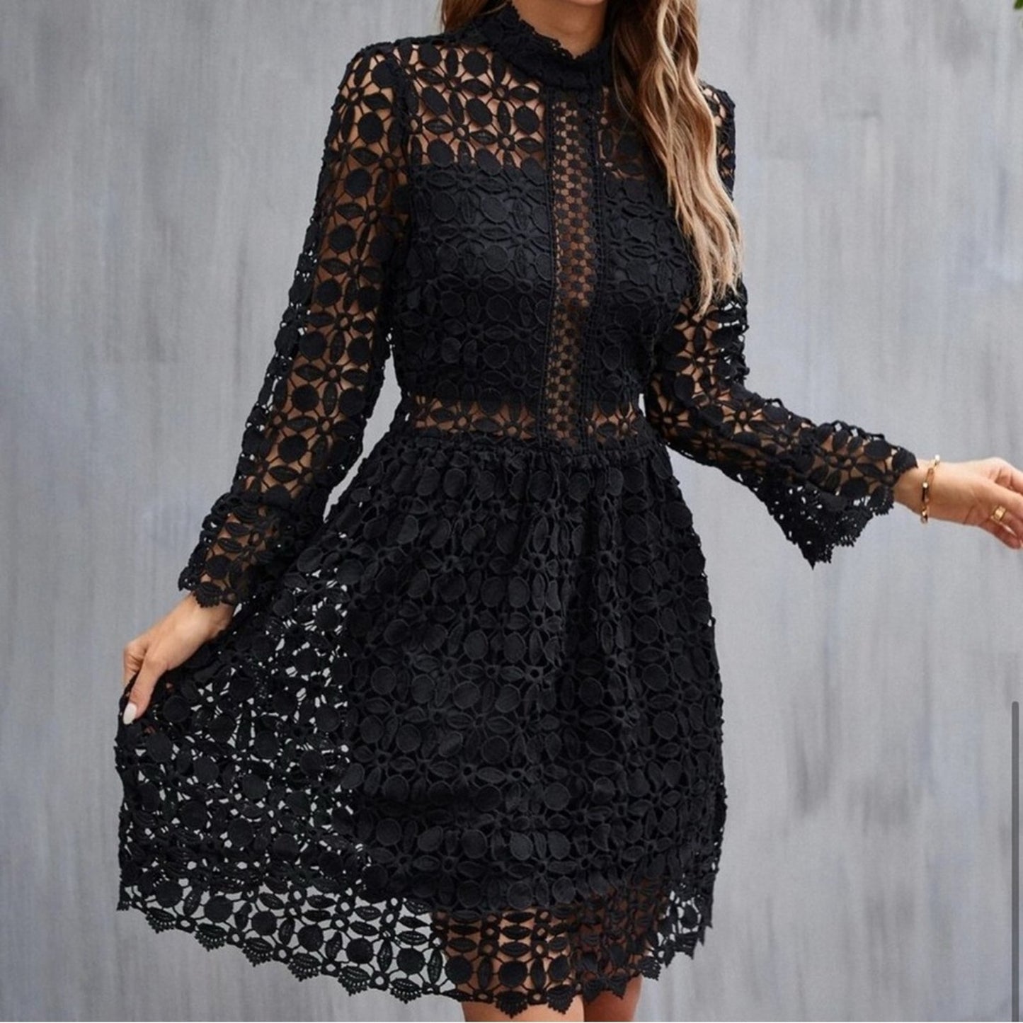 black Mock Neck Flounce Sleeve Lace Dress