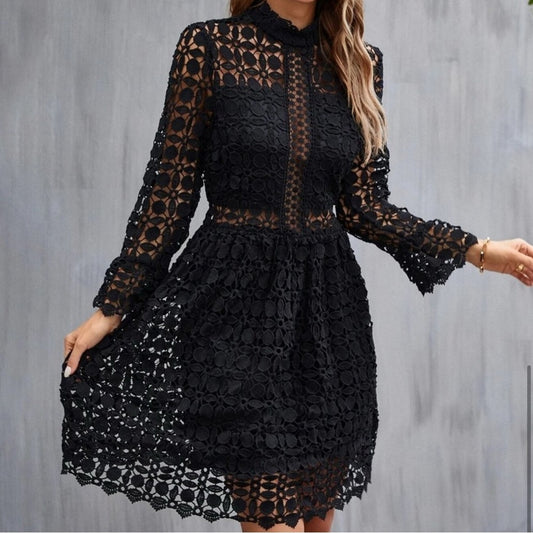 black Mock Neck Flounce Sleeve Lace Dress