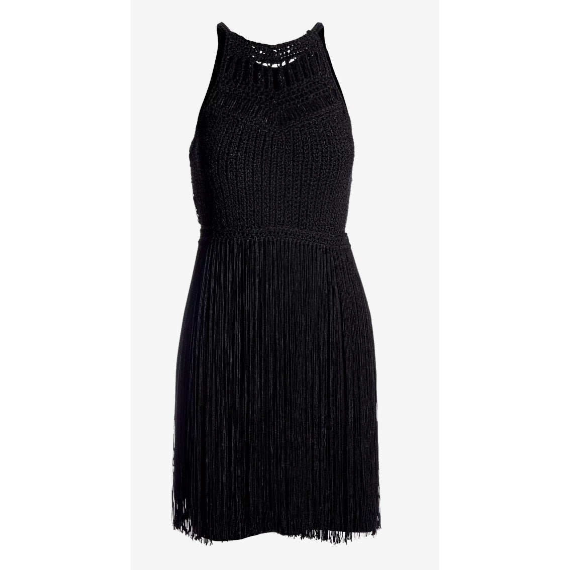 446 - NWT BOSTON PROPER Halter Crochet Fringe Shift Dress in Black Sz L