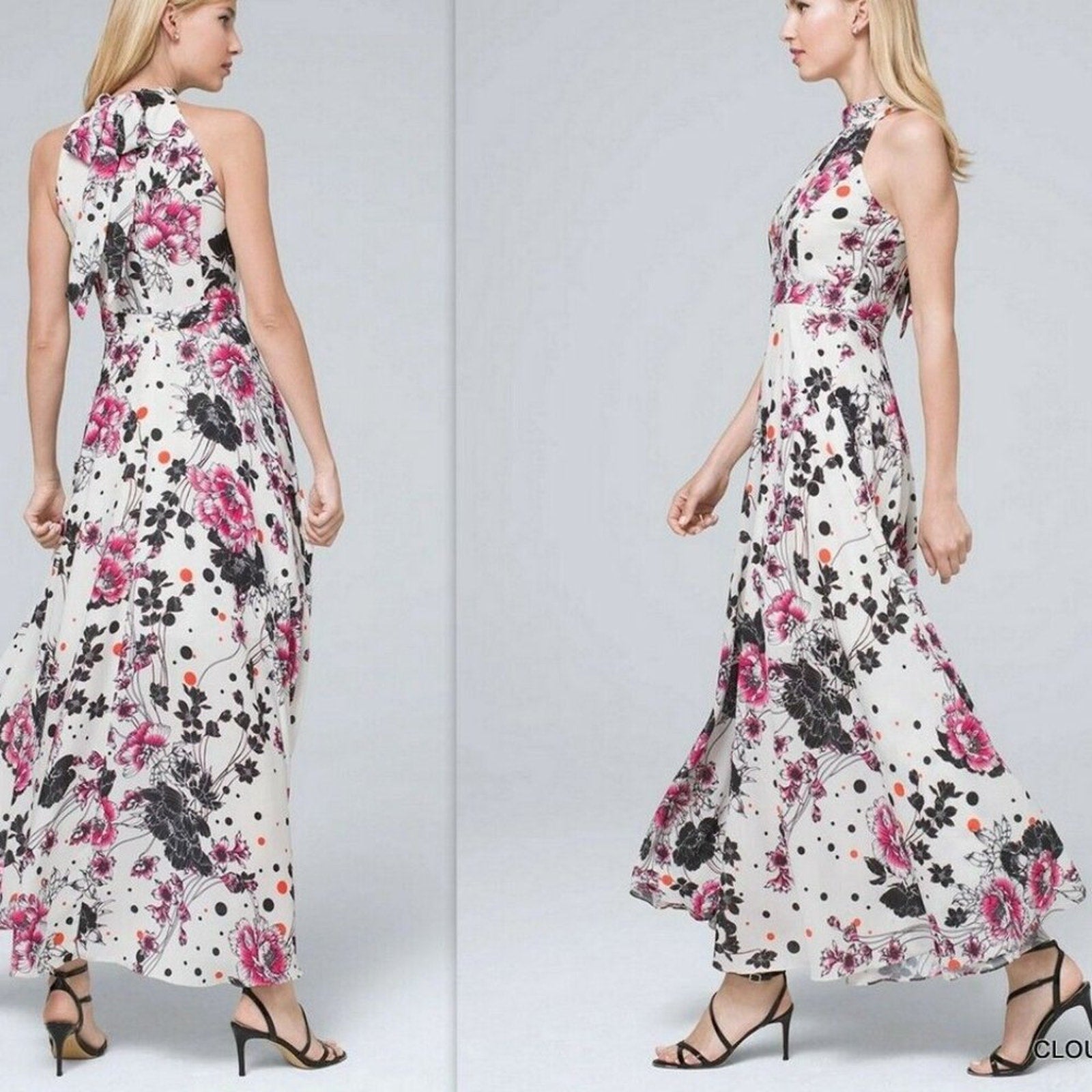 77 NWT NICOLE MILLER Anthropologie Floral Satin Back-Bow Mock Halter Maxi 8