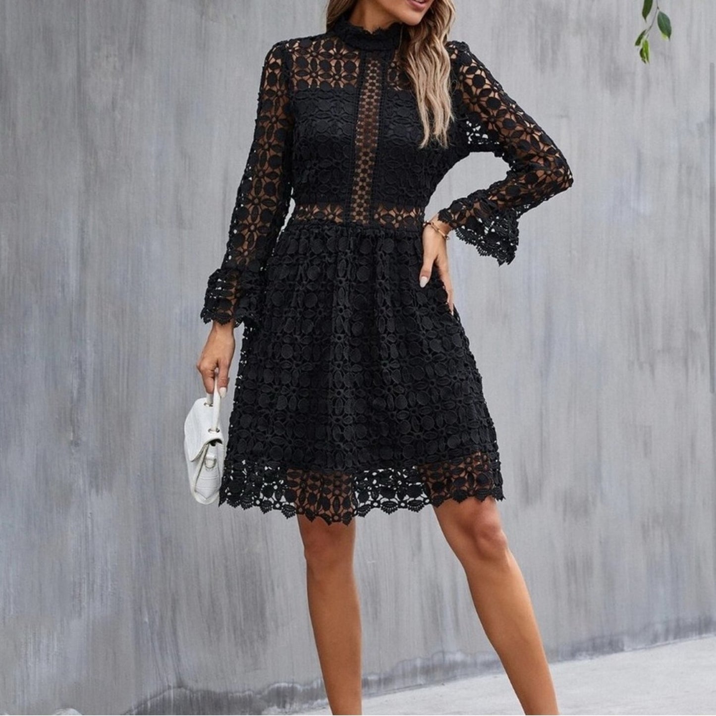 black Mock Neck Flounce Sleeve Lace Dress