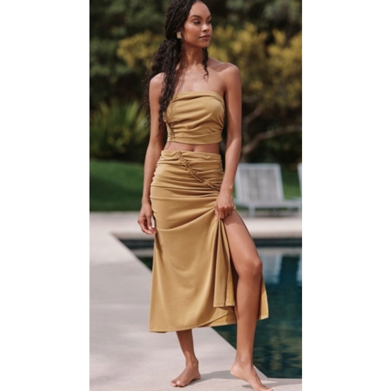 456 - ANTHROPOLOGIE The Celandine Strapless Ruched Tube Top  In Gold Sz L
