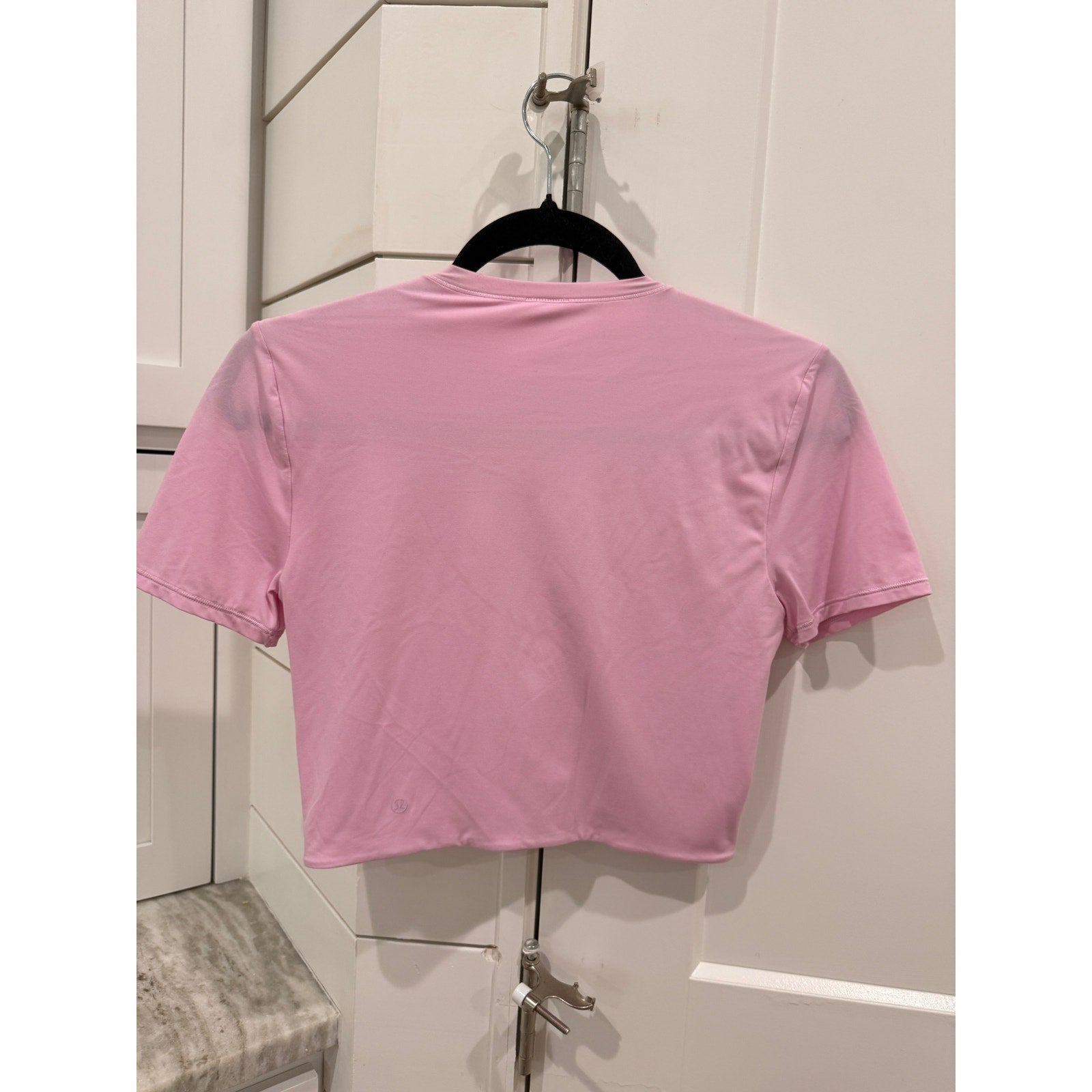 6403-LULULEMON Wundermost Ultra-Soft Nulu Crewnk Cropd T-Shirt Pink Organza Sz M