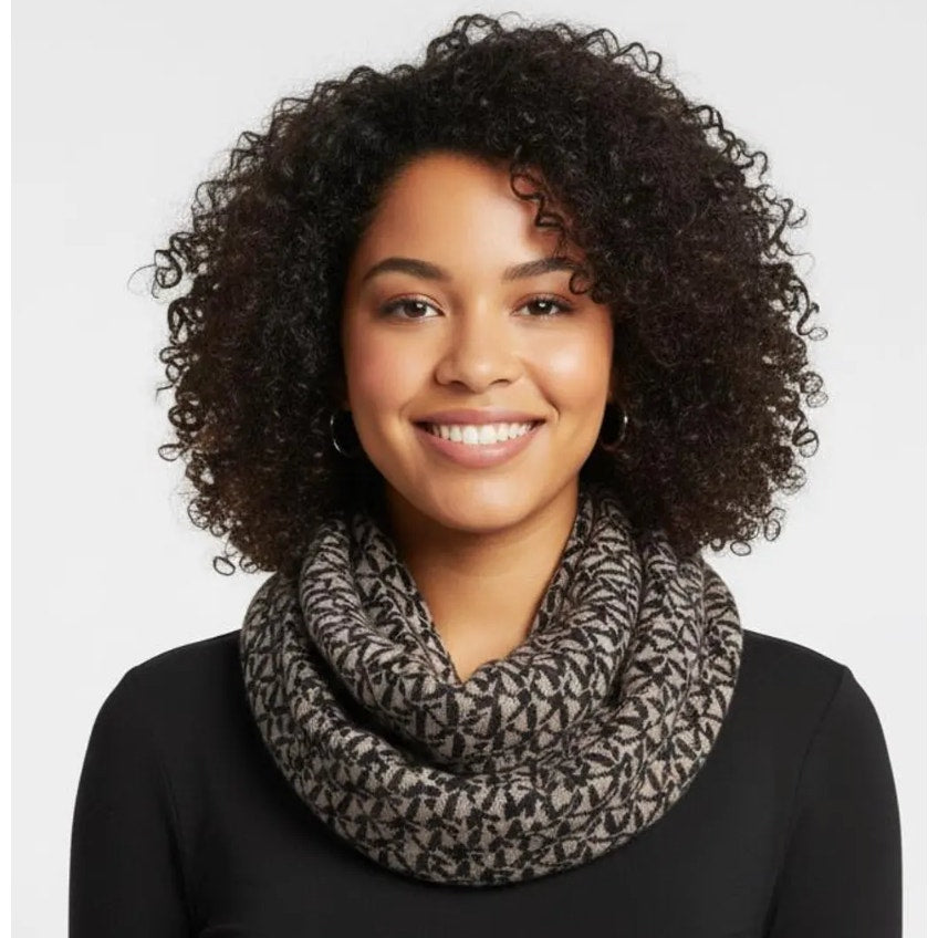 0258 Michael Kors MK Monogram Infinity Scarf Black & Brown Logo Knit Winter Wrap