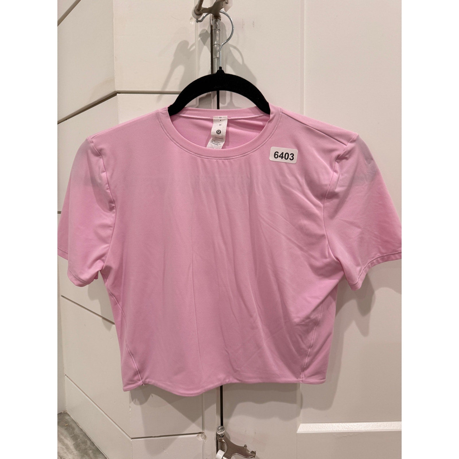 6403-LULULEMON Wundermost Ultra-Soft Nulu Crewnk Cropd T-Shirt Pink Organza Sz M