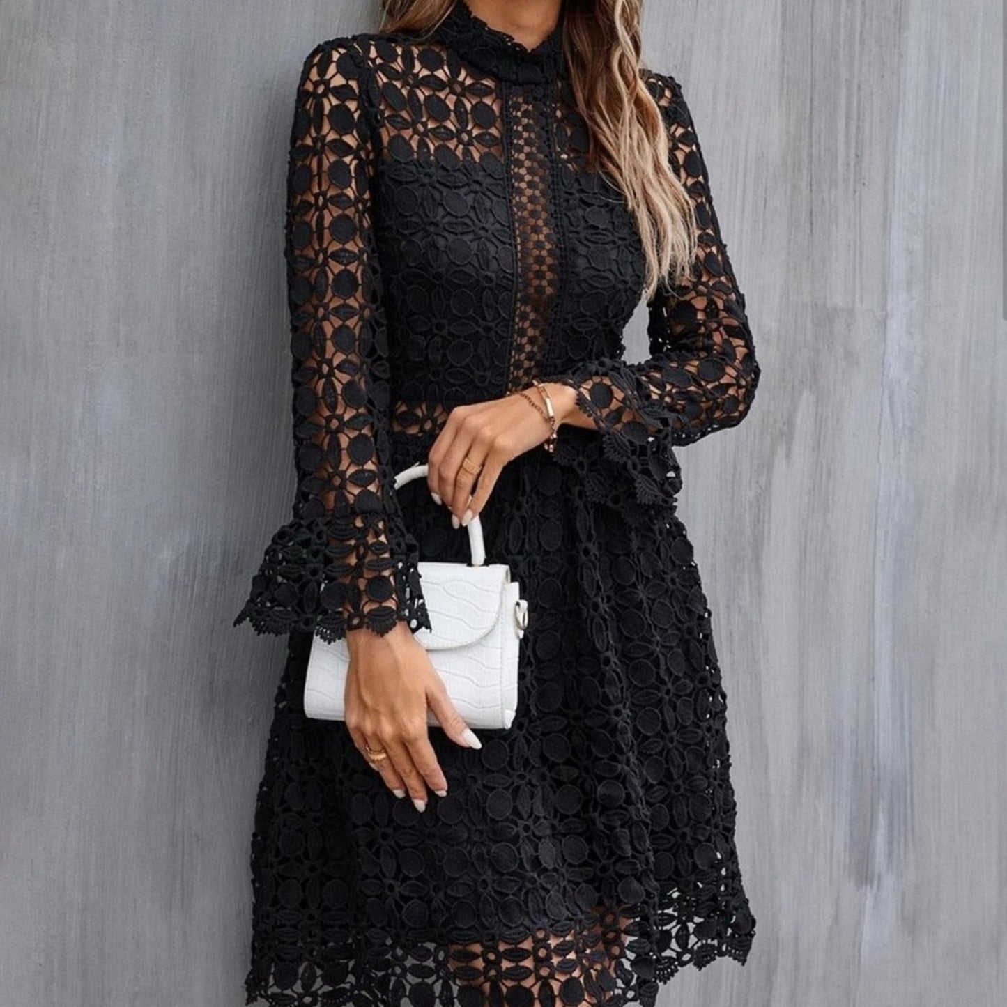 black Mock Neck Flounce Sleeve Lace Dress