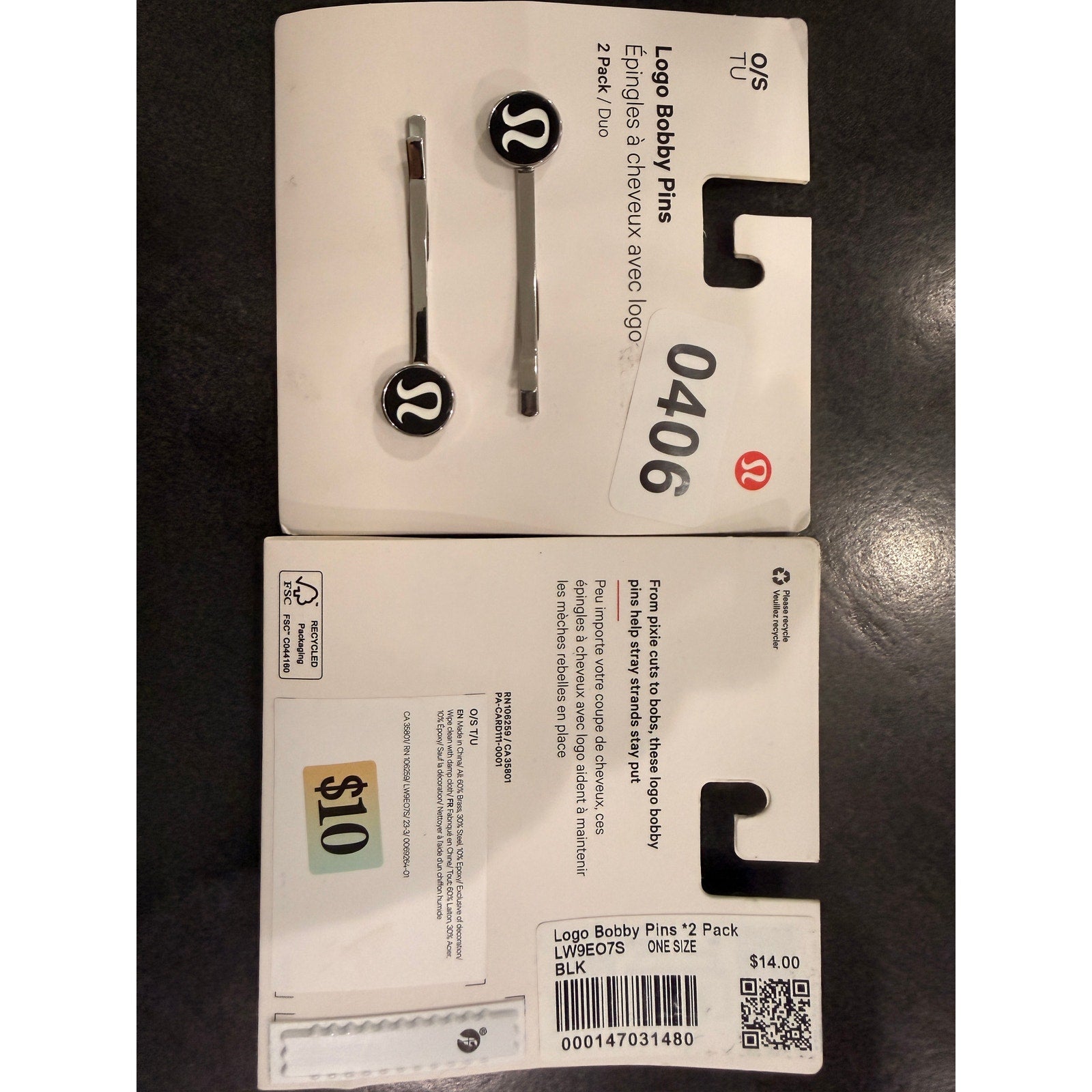 406 - NWOT LULULEMON Logo Bobby Pins *2 Pack in BLACK