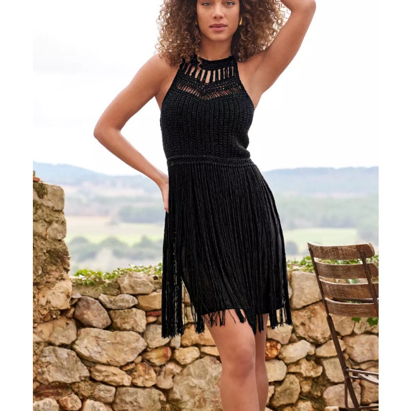 446 - NWT BOSTON PROPER Halter Crochet Fringe Shift Dress in Black Sz L