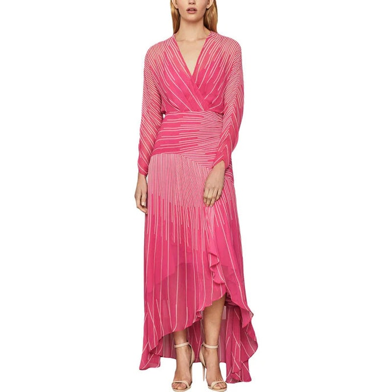 351 - BCBGMAXAZRIA Stripped Ruffle High Low Cocktail Dress ($498) Sz 8