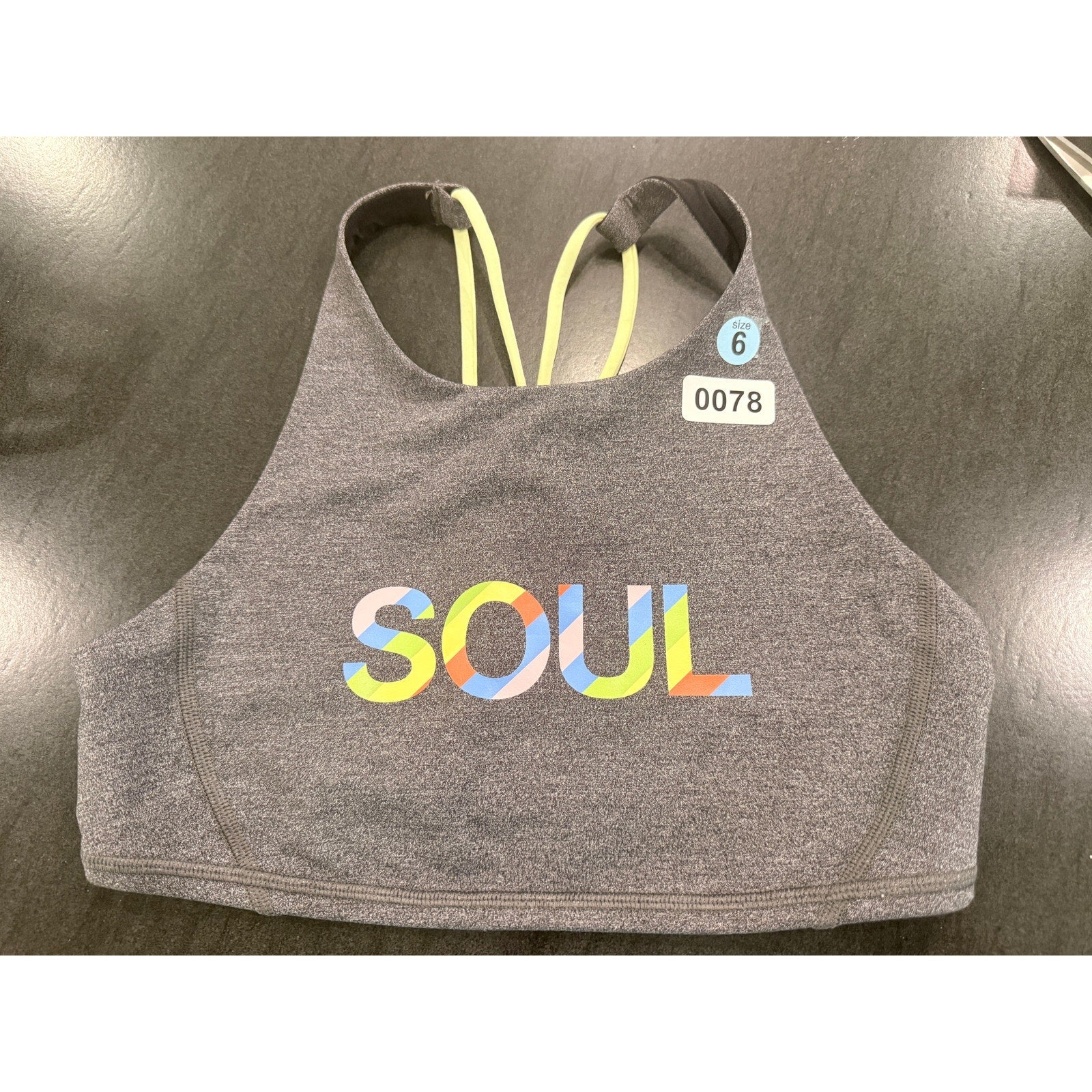 78 - Lululemon x Soul Cycle Free To Be Bra *High Neck Grey Black/Lemon Ice Sz 6