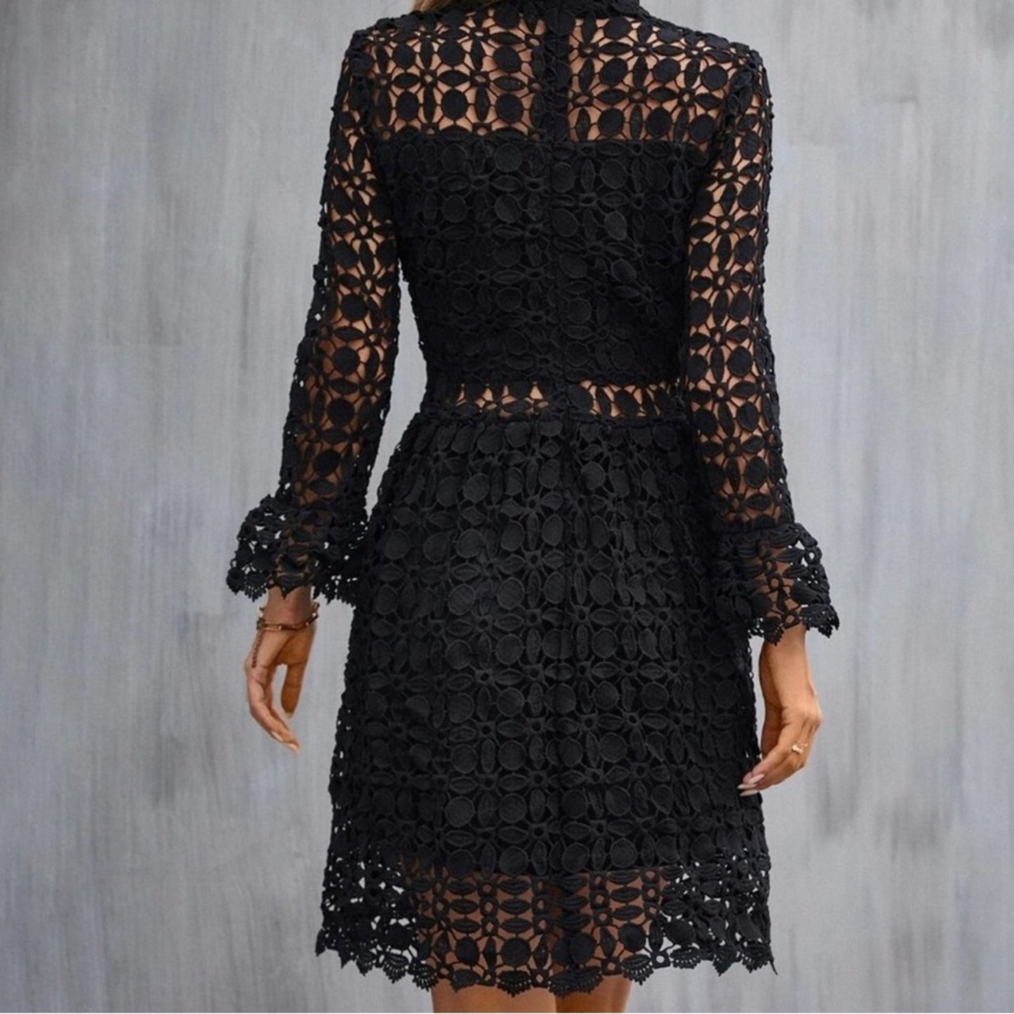 black Mock Neck Flounce Sleeve Lace Dress