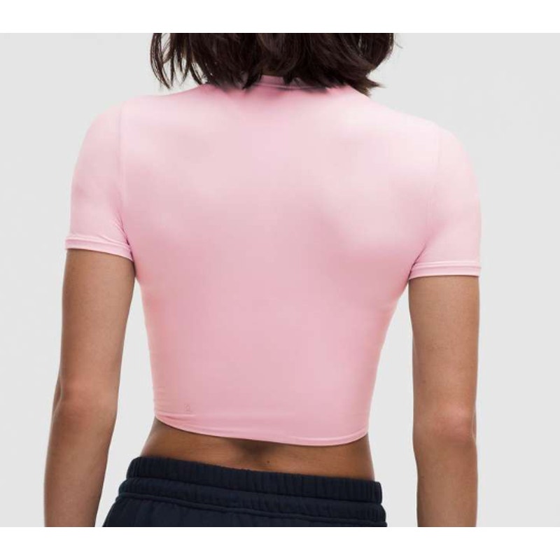 6403-LULULEMON Wundermost Ultra-Soft Nulu Crewnk Cropd T-Shirt Pink Organza Sz M