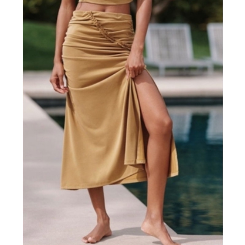 457 - NWT ANTHROPOLOGIE The Celandine Midi Ruched Skirt In Gold Sz M