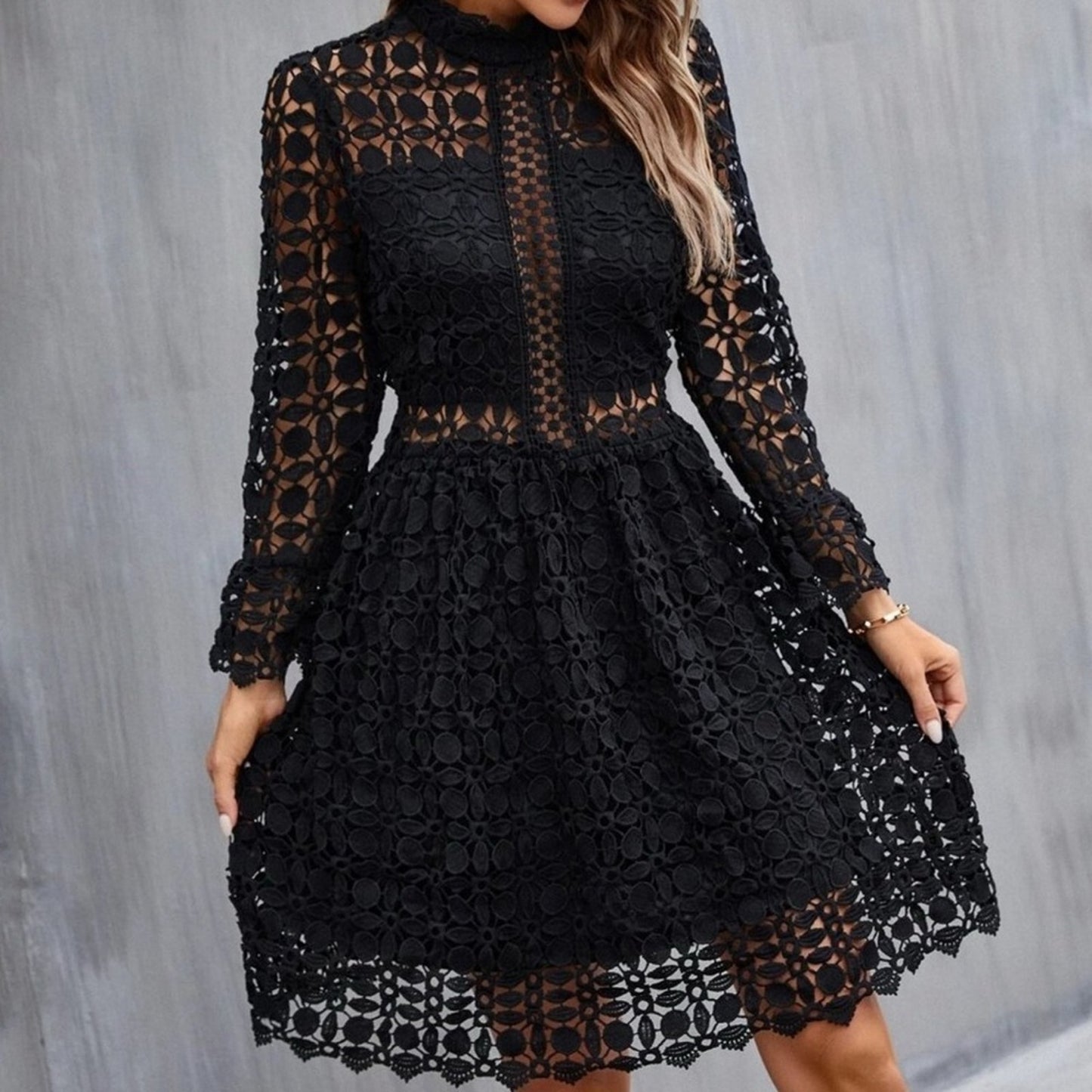 black Mock Neck Flounce Sleeve Lace Dress