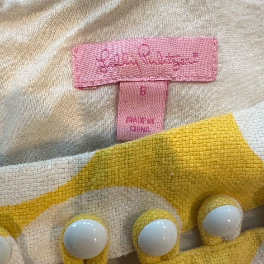 Lilly Pulitzer Linen Shift Dress Yellow Polka Dot Mod Buttons Sleeveless Sz 8