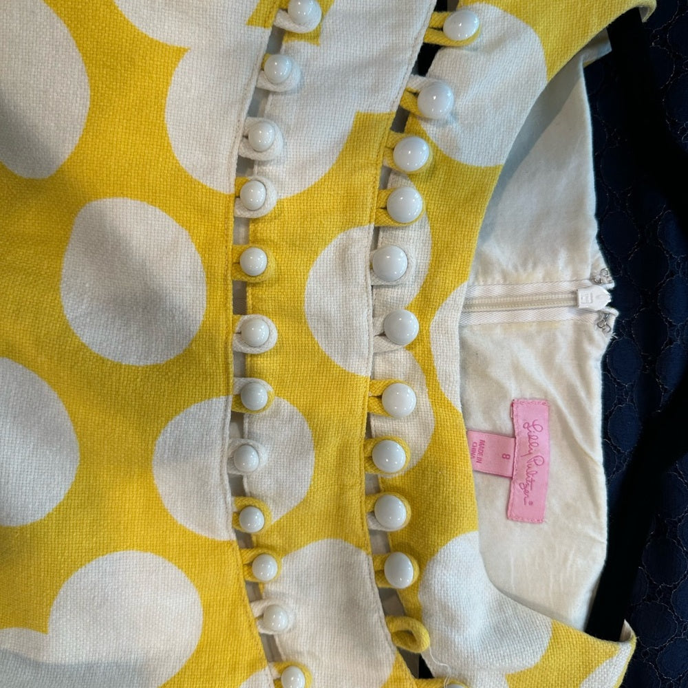 Lilly Pulitzer Linen Shift Dress Yellow Polka Dot Mod Buttons Sleeveless Sz 8