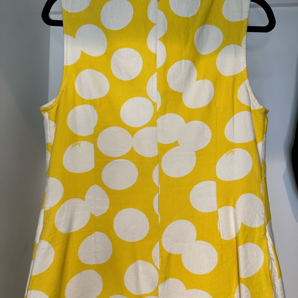 Lilly Pulitzer Linen Shift Dress Yellow Polka Dot Mod Buttons Sleeveless Sz 8