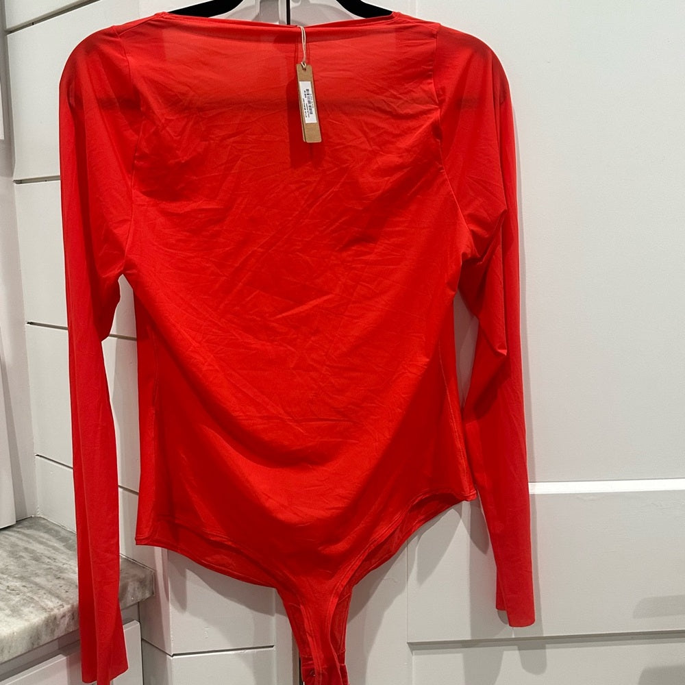 (2396) SKIMS Essential Long Sleeve Scoop Neck Bodysuit Poppy Red/Orange size 3X