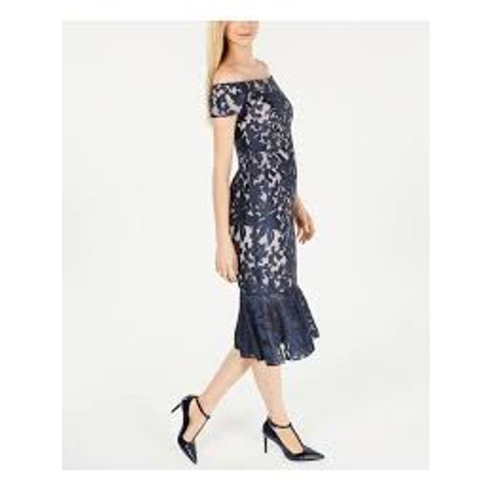 0103 CALVIN KLEIN Navy Embellished Floral Short Slv Sheath Dress Sz 6