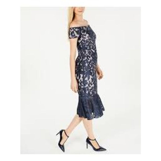 0103 CALVIN KLEIN Navy Embellished Floral Short Slv Sheath Dress Sz 6