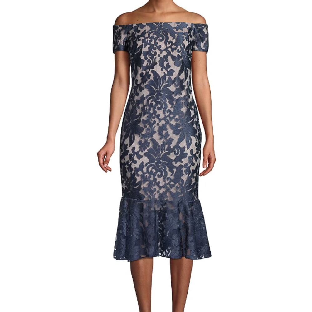 0103 CALVIN KLEIN Navy Embellished Floral Short Slv Sheath Dress Sz 6