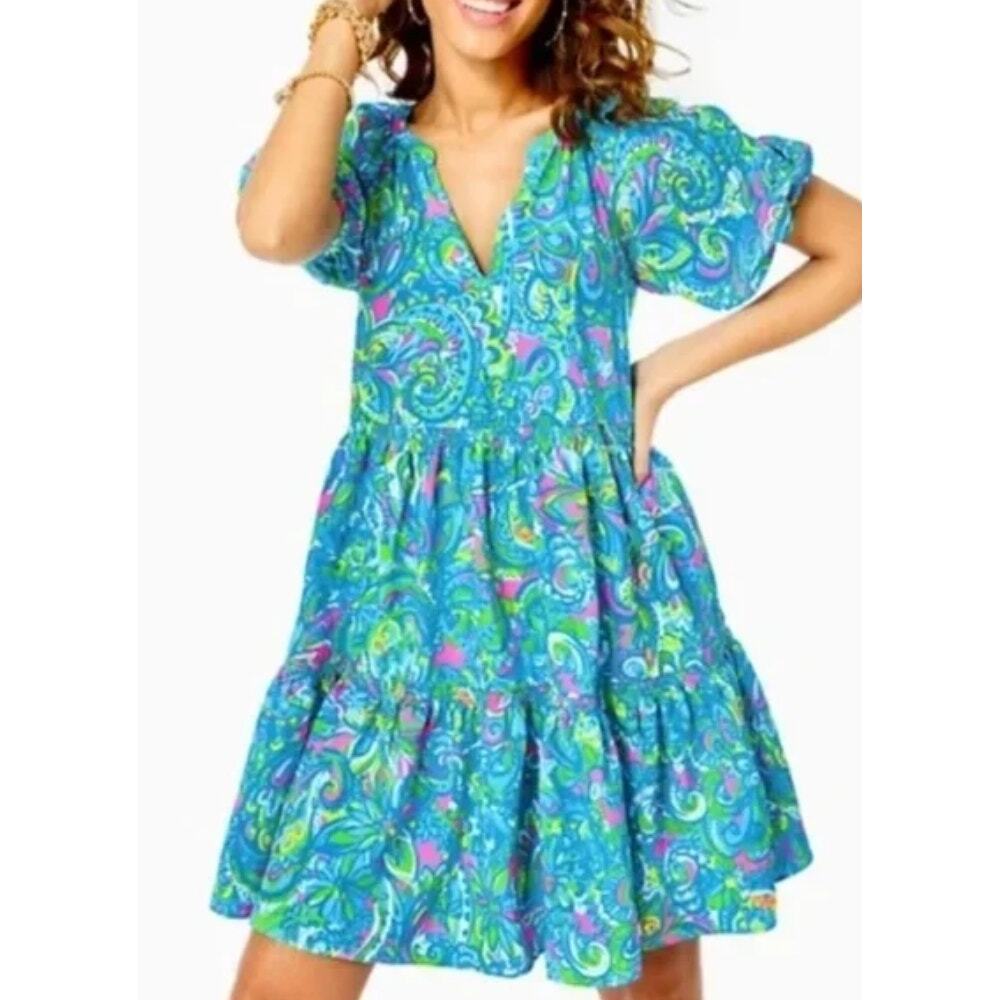 0105 NWT Lilly Pulitzer Shannon Short Sleeve- Seabreeze Blue Hey Gullfriend sz S